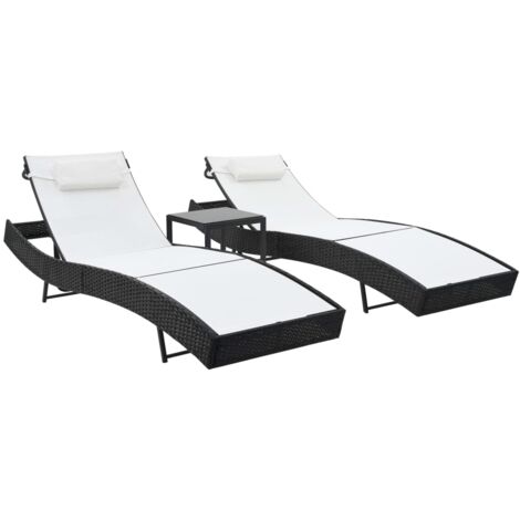 Chaises longue  Bain de soleil  Transat de relaxations lot de avec table Résine tressée textilène Noir CFW347782