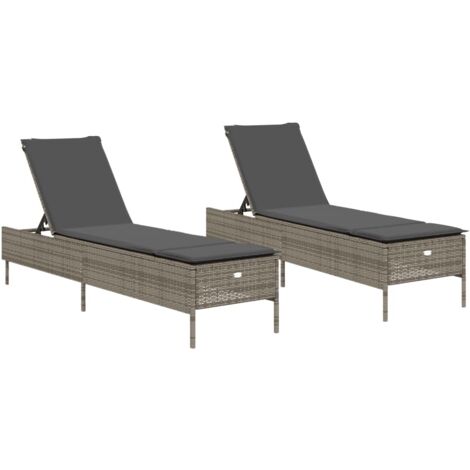 Chaises longue，Bain de soleil，Transats avec coussins lot de 2 gris résine tressée CFW15879