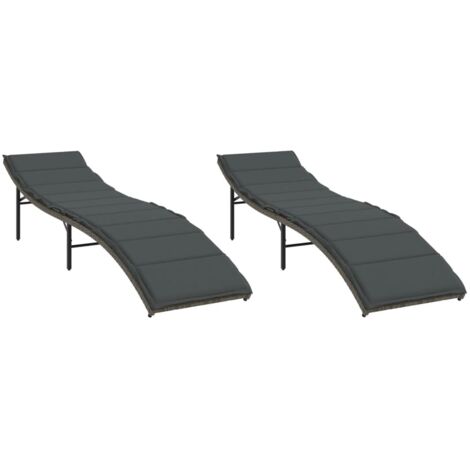 Chaises longue，Bain de soleil，Transats lot de 2 avec coussins gris résine tressée CFW94349