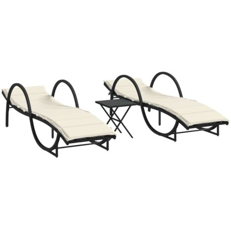 Chaises longue，Bain de soleil，Transats lot de 2 avec table noir résine tressée CFW89557