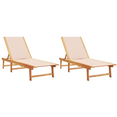 Chaises longue，Bain de soleil，Transats lot de 2 crème bois acacia solide et textilène CFW38165