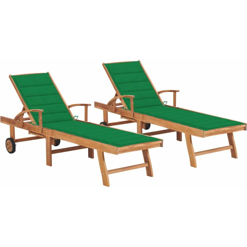 Chaises longues 2 pcs avec coussin vert Bois de teck solide