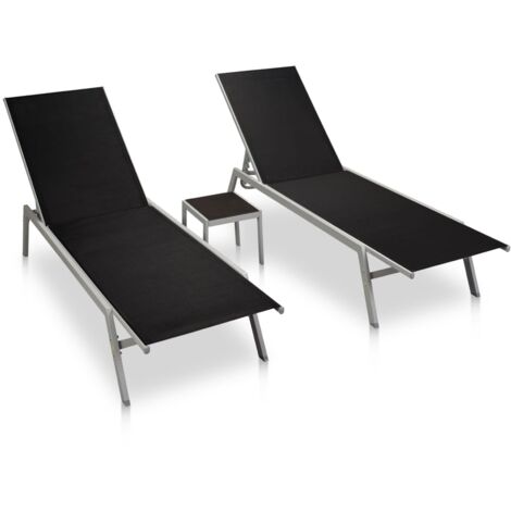 Chaises longues 2 pcs avec table Acier et textilène Noir