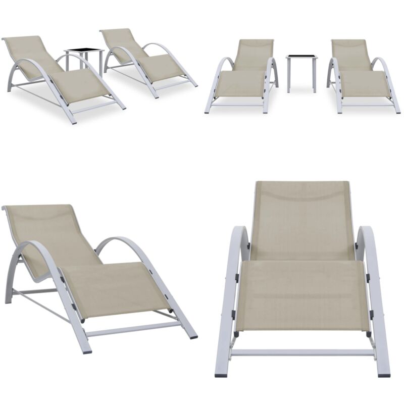 Chaises longues lot de 2 avec table Aluminium Crème - Chaise Longue - Transats - Mobilier De Jardin - Salon De Jardin - Set De Chaises Longues - Home