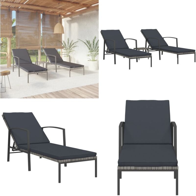 Chaises longues lot de avec table Résine tressée Gris - Chaise Longue - Bain De Soleil - Mobilier De Jardin - Salon De Jardin - Transats - Home &