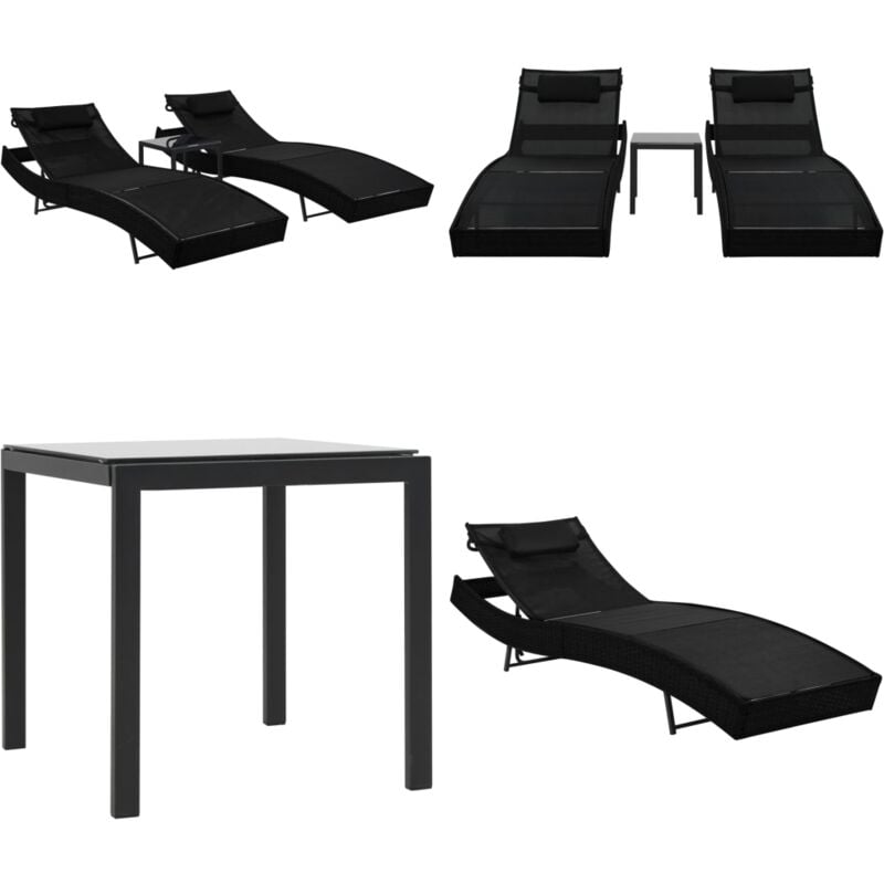 Chaise longue 2 pcs et table Résine tressée et textilène Noir - Chaises Longues - Lit De Bronzage - Mobilier De Jardin - Salon De Jardin - Résine