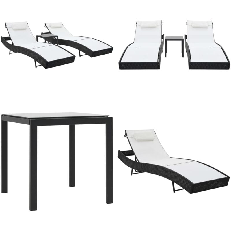Chaises longues lot de avec table Résine tressée textilène Noir - Chaise Longue - Transats - Mobilier De Jardin - Salon De Jardin - Bain De Soleil