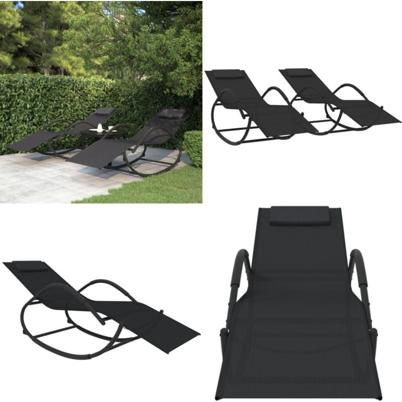 Chaises longues à bascule 2 pcs Noir Acier et textilène - Chaise Longue - Transats - Mobilier De Jardin - Fauteuil De Jardin - Relaxations Extérieur