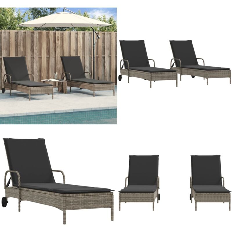 Chaises longues avec coussins lot de 2 gris résine tressée - Chaise Longue - Transats - Lit De Bronzage - Fauteuil De Jardin - Mobilier De Jardin