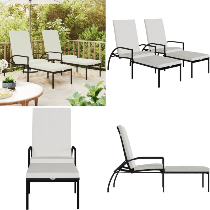 Chaises longues avec repose-pied 2 pcs Résine tressée Noir - Chaise Longue - Transats - Mobilier De Jardin - Salon De Jardin - Détente Extérieure