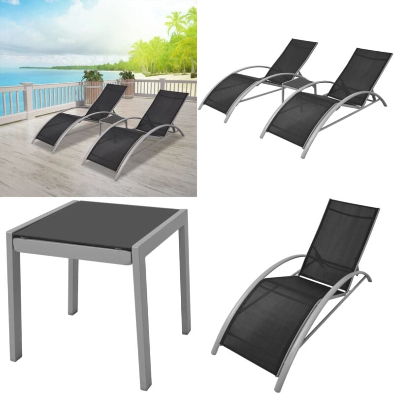 Chaises longues avec table Aluminium Noir - Chaise Longue - Salon De Jardin - Mobilier De Jardin - Transats - Meubles De Jardin - Home & Living