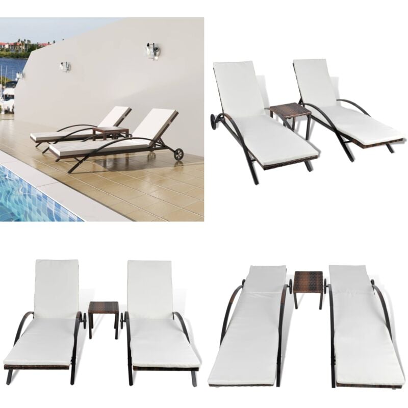 Chaises longues avec table Résine tressée Marron - Chaise Longue - Salon De Jardin - Mobilier De Jardin - Transats - Meubles De Jardin - Home & Living