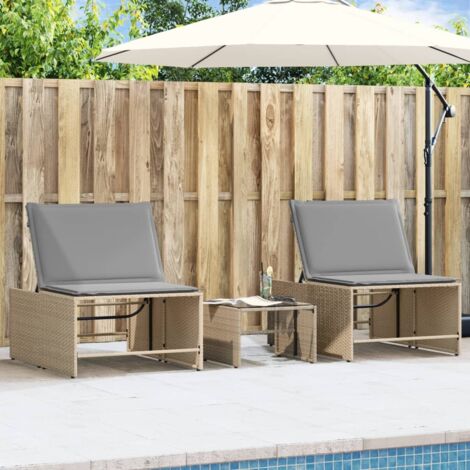 Chaises longues-Bain de soleil-Transat de relaxation 2 pièces avec table en résine tressée beige 960301