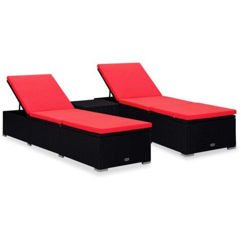 Chaises longues de jardin table à thé 3 pcs  Bain de soleil Transat Résine tressée Noir 47257