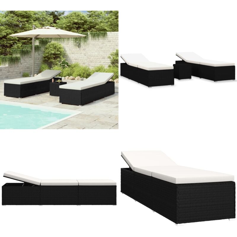 Chaises longues de jardin table à thé 3 pcs Résine tressée Noir - Chaise Longue - Salon De Jardin - Mobilier Extérieur - Transats - Résine Tressée