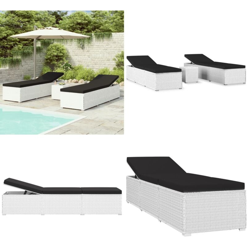 Chaises longues de jardin table à thé 3pcs Résine tressée Blanc - Chaise Longue - Salon De Jardin - Mobilier Extérieur - Transats - Meubles De Jardin