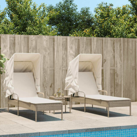 Chaises longues lot de 2 avec auvents et table beige poly rotin vidaXL