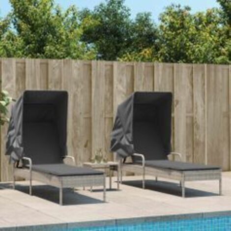 Chaises longues lot de 2 avec auvents et table gris clair rotin