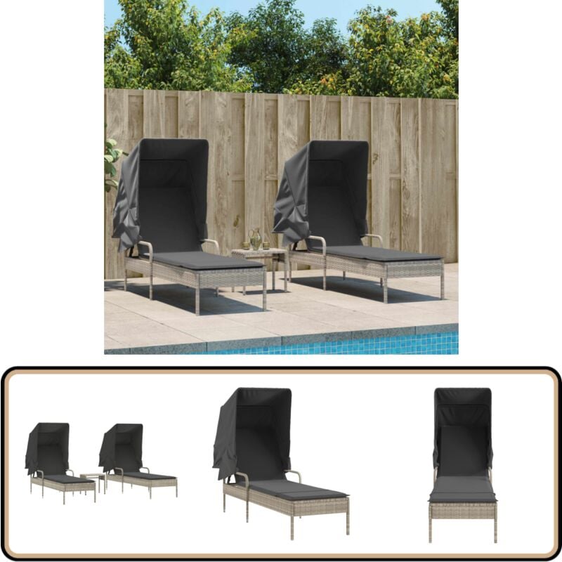 Chaises longues lot de 2 avec auvents et table gris clair rotin - Chaise Longue - Transats - Lit De Bronzage - Mobilier De Jardin - Chaise Lounge