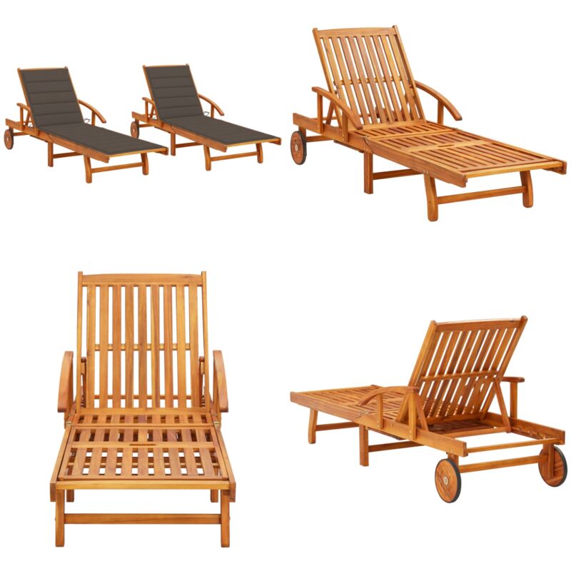 Chaises longues lot de 2 avec coussins Bois d'acacia solide - Chaise Longue - Transats - Mobilier De Jardin - Salon De Jardin - Meubles De Jardin