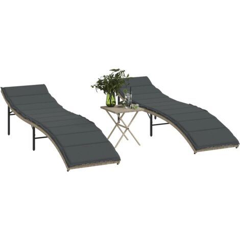 Chaises longues lot de 2 avec table-Bain de soleil-Transat de relaxation gris clair résine tressée 859789