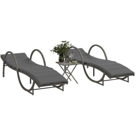 Chaises longues lot de 2 avec table-Bain de soleil-Transat de relaxation gris résine tressée 214376