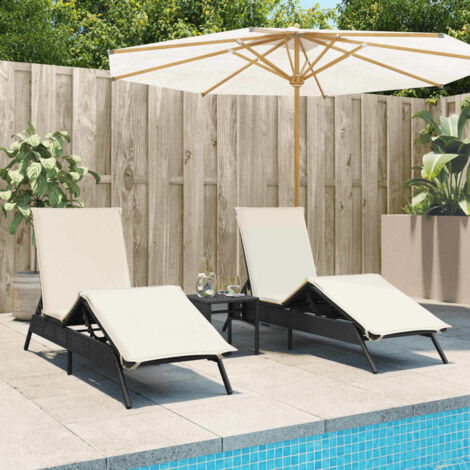 Chaises longues lot de 2 avec table-Bain de soleil-Transat de relaxation noir résine tressée 212506