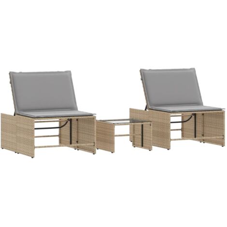 Chaises longues lot de 2 avec table beige résine tressée