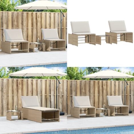 Chaises longues lot de 2 avec table beige résine tressée - Chaise Longue - Salon De Jardin - Mobilier De Jardin - Transats - Bain De Soleil - Home & Living