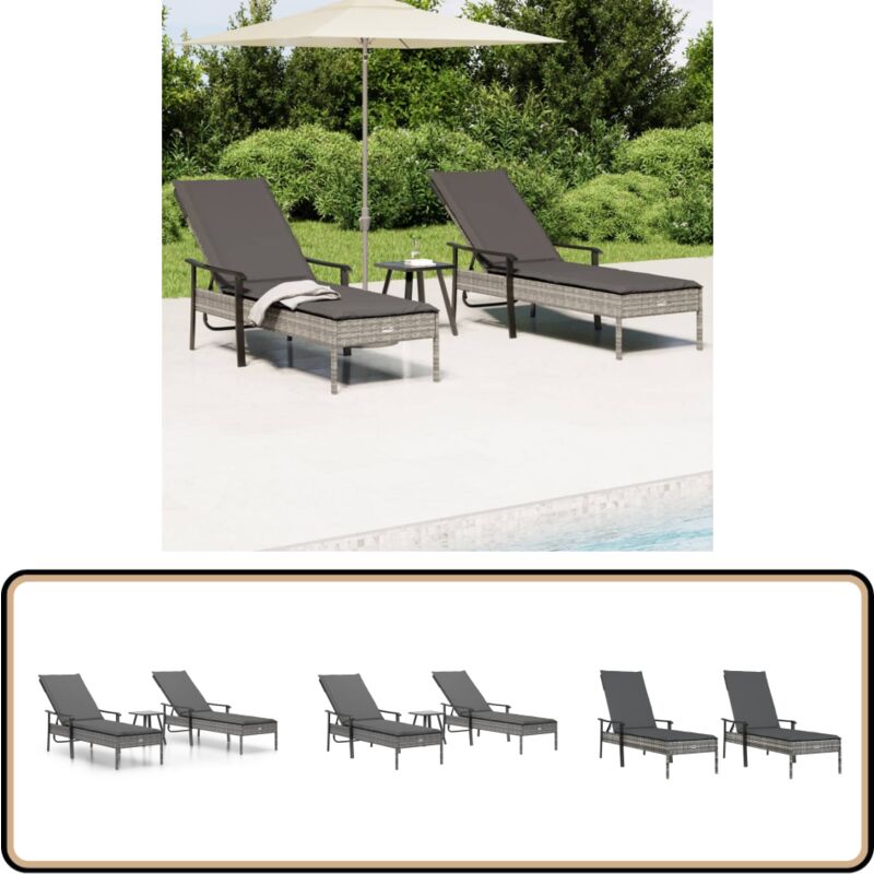 Chaises longues lot de 2 avec table et coussins gris poly rotin - Chaise Longue - Salon De Jardin - Mobilier De Jardin - Résine Tressée - Rotin Poly