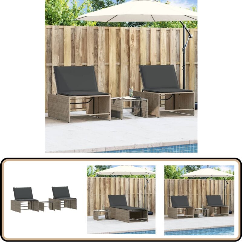 Chaises longues lot de 2 avec table gris résine tressée - Chaise Longue - Salon De Jardin - Mobilier De Jardin - Transats - Bain De Soleil