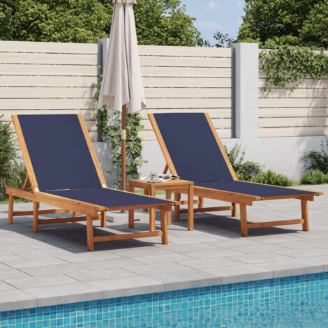 Chaises longues lot de 2-Bain de soleil-Transat de relaxation table bleu bois d'acacia et textilène 313394