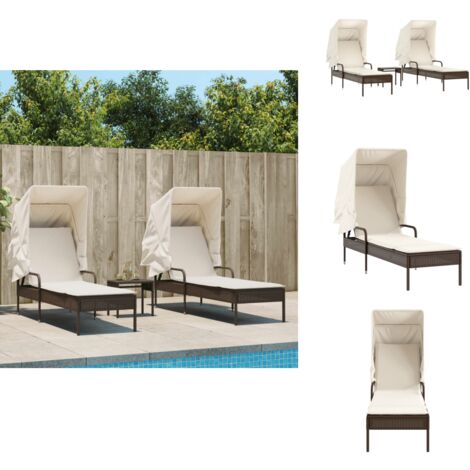 Chaises longues lot de 2 et auvents et table marron poly rotin - Chaise Longue - Transats - Lit De Bronzage - Mobilier De Jardin - Chaise Lounge