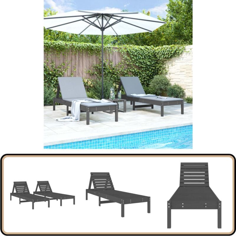 Chaises longues lot de 2 gris 199,5x60x74 cm bois massif de pin - Chaise Longue - Transat - Bain De Soleil - Lit De Bronzage - Mobilier De Jardin