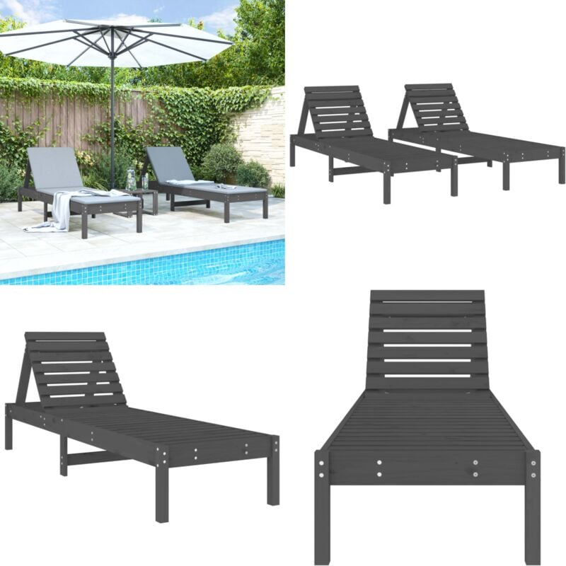 Chaises longues lot de 2 gris 199,5x60x74 cm bois massif de pin - Chaise Longue - Transat - Bain De Soleil - Lit De Bronzage - Mobilier De Jardin