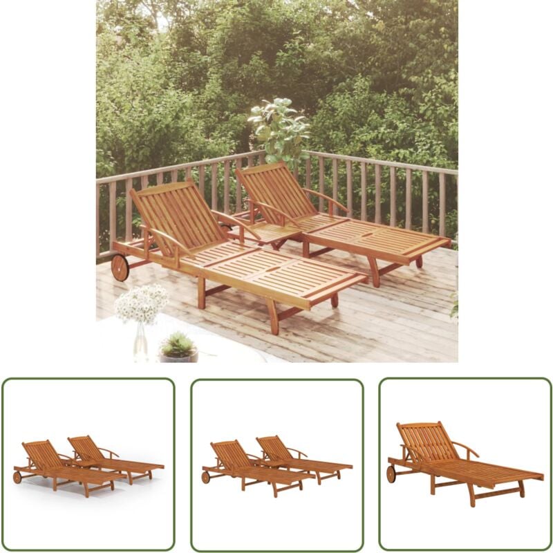 The Living Store Ensemble de chaises longues lot de 2 table Bois acacia massif - Chaise Longue - Transats - Meuble De Jardin - Salon De Jardin