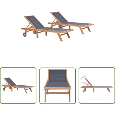 Chaises longues pliables avec roulettes 2 pcs Teck et textilène
