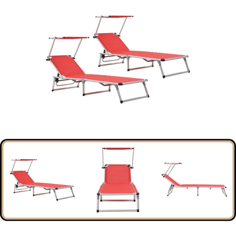 Chaises longues pliables et toit lot de 2 Aluminium textilène - Chaise Longue - Transats - Mobilier De Jardin - Salon De Jardin - Relax