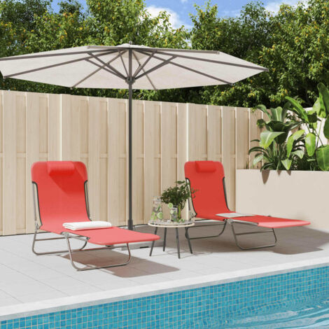 Chaises longues pliables lot de 2-Bain de soleil-Transat de relaxation rouge textilène et acier 193106