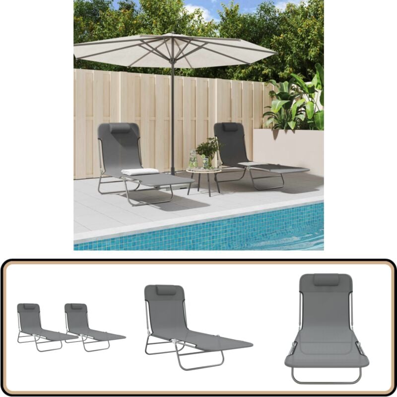 Chaises longues pliables lot de 2 gris textilène et acier - Chaise Longue - Fauteuil De Jardin - Bain De Soleil - Mobilier De Jardin - Textile