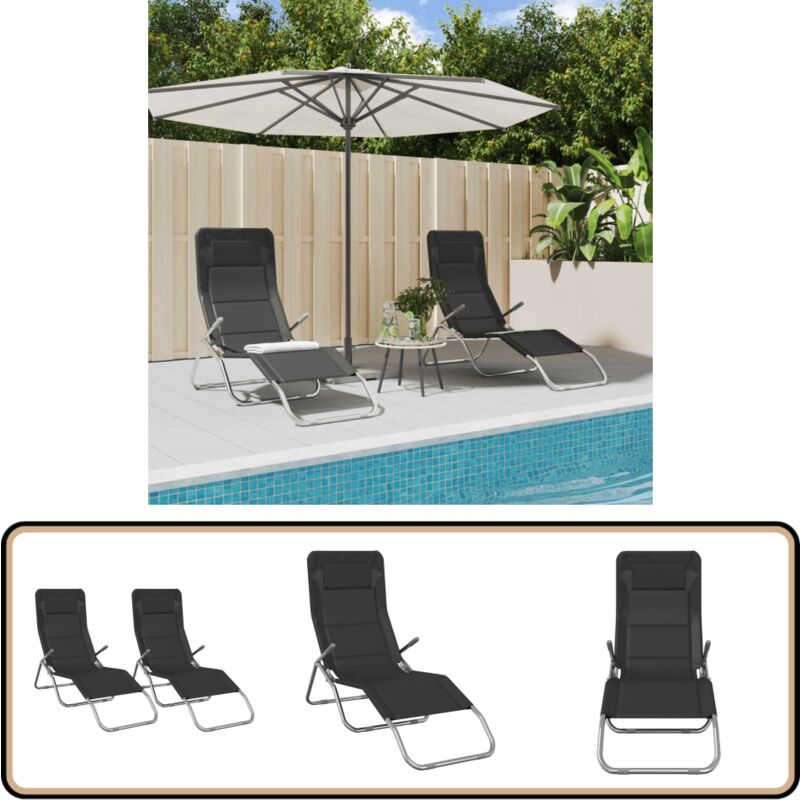 Vidaxl - Chaises longues pliables lot de 2 noir textilène et acier - Chaise Longue - Bain De Soleil - Mobilier De Jardin - Fauteuil De Jardin - Relax