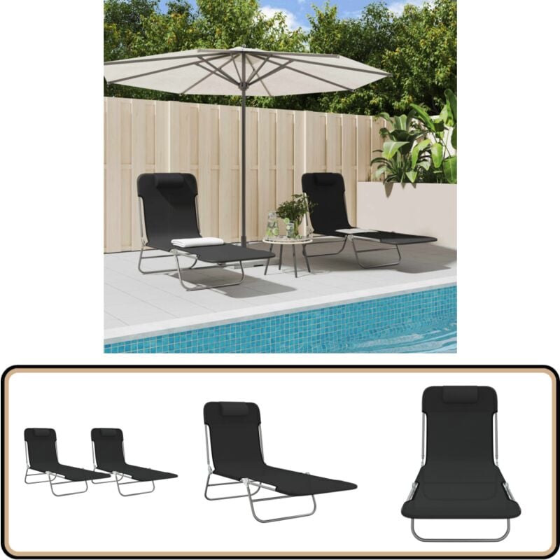 Chaises longues pliables lot de 2 noir textilène et acier - Chaise Longue - Bain De Soleil - Mobilier De Jardin - Textile - Aluminium