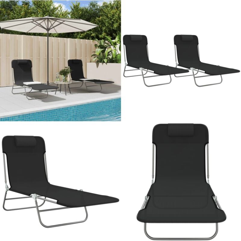 Chaises longues pliables lot de 2 noir textilène et acier - Chaise Longue - Bain De Soleil - Mobilier De Jardin - Textile - Aluminium - Home & Living