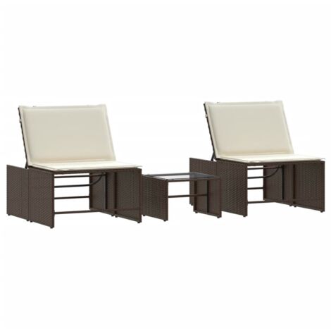 Chaises longues  Transat  Bain de soleil 2 pièces avec table en résine tressée marron