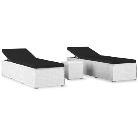 Chaises longues  Transat  Bain de soleil de jardin table à thé 3pcs Résine tressée Blanc