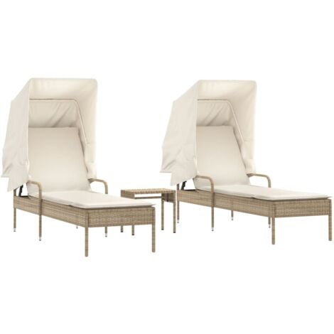 Chaises longues Transat Bain de soleil lot de 2 avec auvents et table beige poly rotin