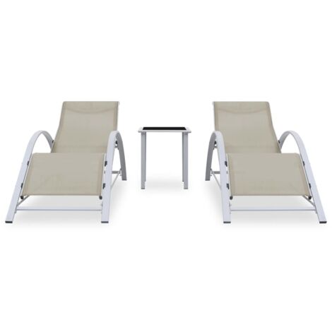 Chaises longues  Transat  Bain de soleil lot de 2 avec table Aluminium Crème