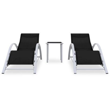 Chaises longues  Transat  Bain de soleil lot de 2 avec table aluminium noir
