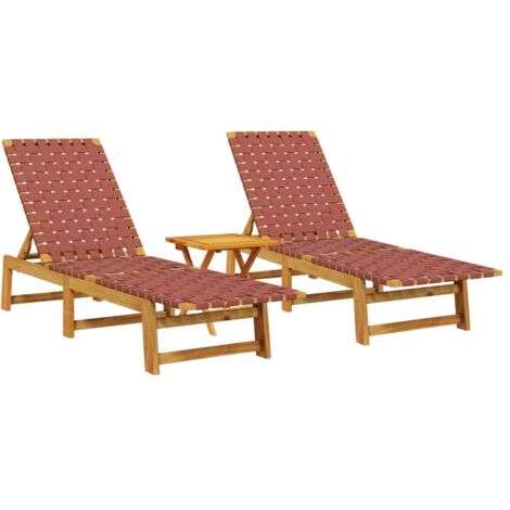 Chaises longues  Transat  Bain de soleil lot de 2 avec table rouge bois massif d'acacia