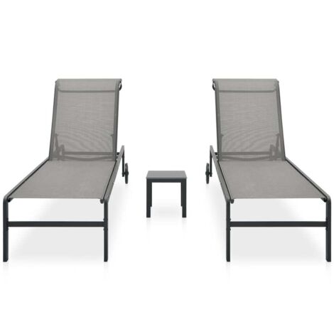Chaises longues  Transat  Bain de soleil lot de 2 avec table Textilène et acier